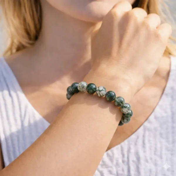 Bracelet en agate mousse naturelle fait main sur fil élastique porté au poignet