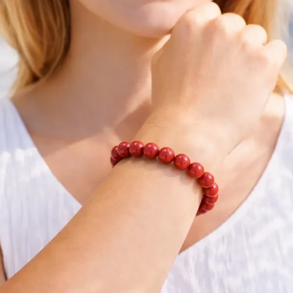 Bracelet en pierre naturelle de Jaspe Rouge porté au poignet, mettant en valeur l'éclat des perles rouges et le montage artisanal résistant.