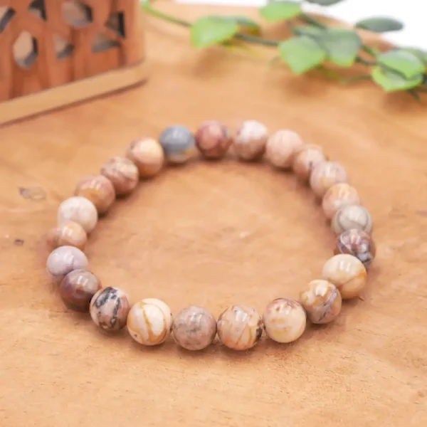 Bracelet en Jaspe Vénus naturelle, perles rondes polies aux nuances vert d'eau et ocre sur fond neutre.