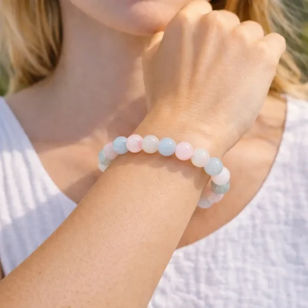 Bracelet en béryl multicolore naturel sur fil élastique porté au poignet