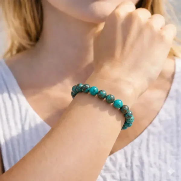 Bracelet en chrysocolle naturelle fait main sur fil élastique porté au poignet