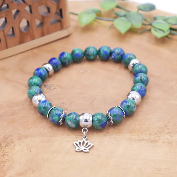 Bracelet en pierres naturelles d'azurite malachite bleue et verte et acier inoxydable