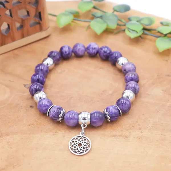 Bracelet en perles de charoïte violette véritable et acier inoxydable