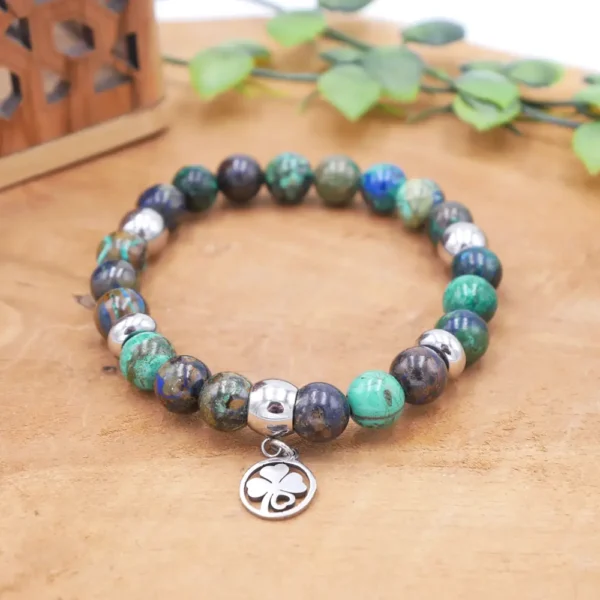 Bracelet en perles de chrysocolle naturelle bleu-vert et acier inoxydable