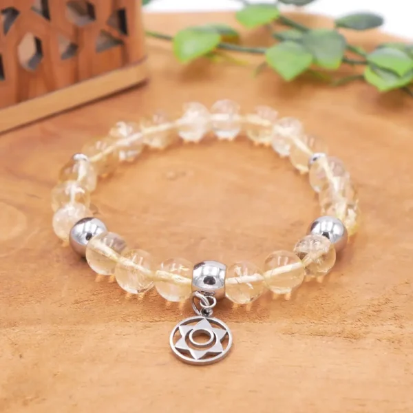 Bracelet en perles de citrine jaune naturelle et breloque en acier inoxydable