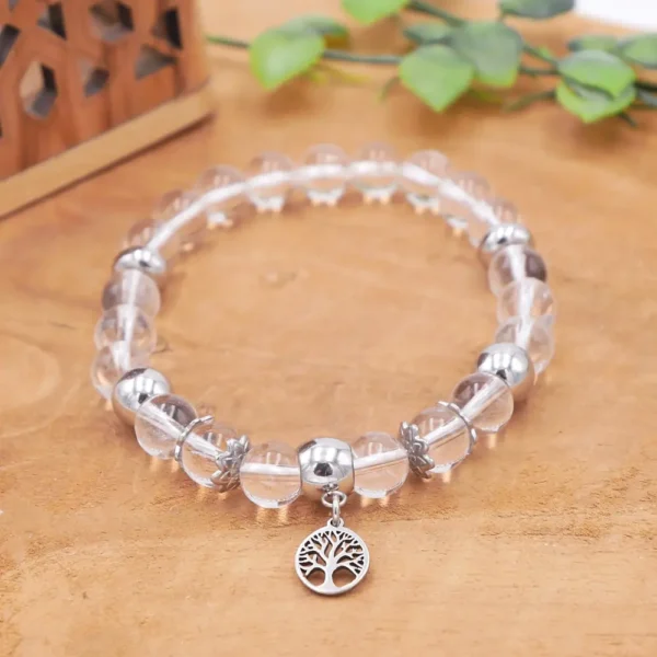 Bracelet en perles de cristal de roche naturel transparent et acier inoxydable