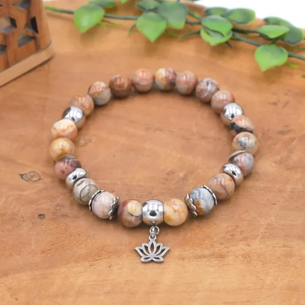 Bracelet en perles de jaspe vénus aux motifs verts et rosés avec acier inoxydable