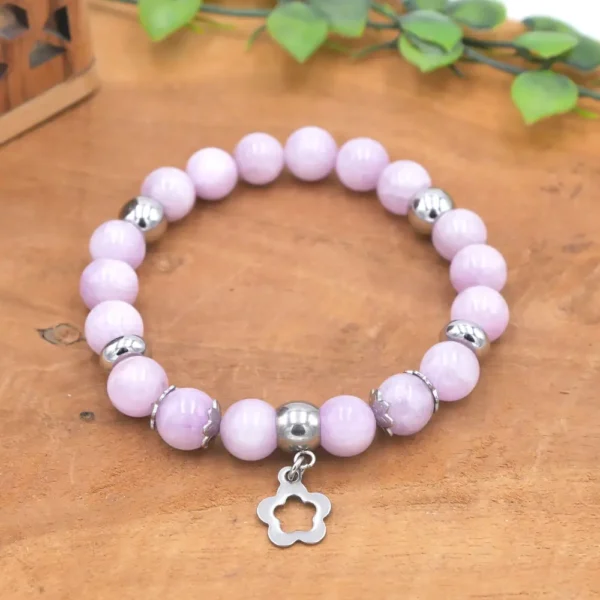 Bracelet en perles de kunzite véritable rose pâle avec perles en acier inoxydable