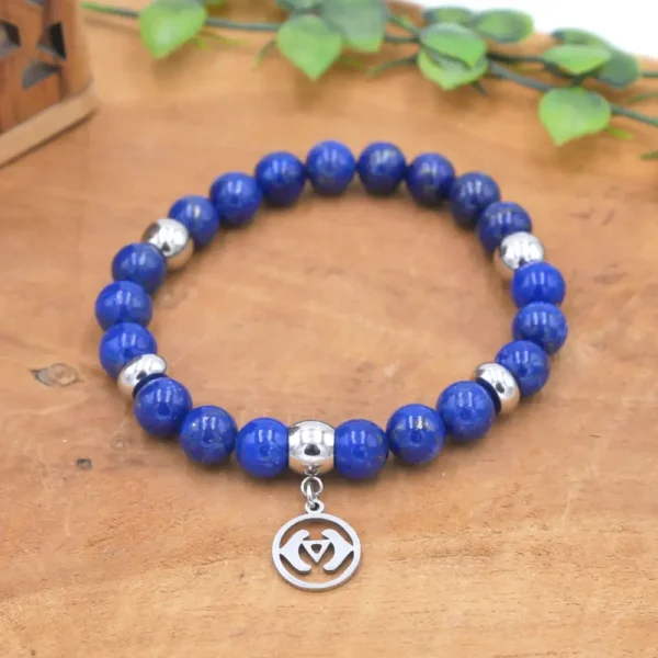 Bracelet en lapis-lazuli d'Afghanistan bleu intense et pyrite dorée avec acier inoxydable