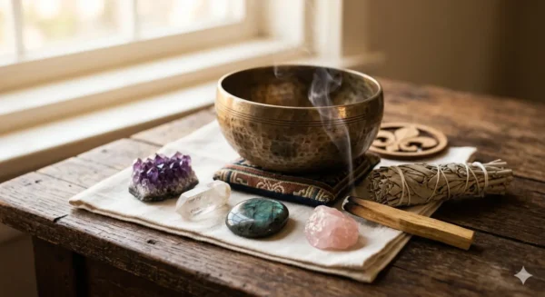 Infographie photoréaliste de lithothérapie : Bol chantant tibétain artisanale, fumée de Palo Santo, Sauge blanche, Fleur de Vie sculptée, amas d'Améthyste, Quartz et Labradorite pour la purification et le rechargement des pierres.