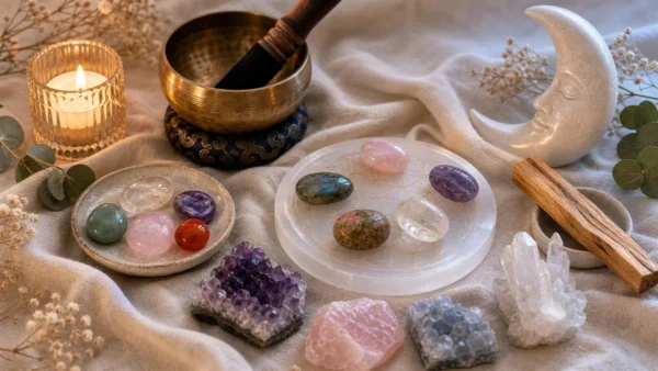 pierres naturelles posées sur une plaque de sélénite avec bol chantant, bougie, et palo santo pour purifier et recharger les cristaux