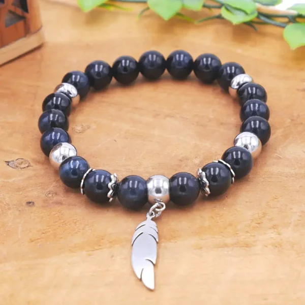 Bracelet en perles d'œil de faucon naturel aux reflets bleu nuit et acier inoxydable