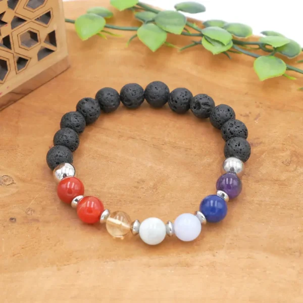Bracelet 7 chakras en pierres naturelles, pierre de lave noire et acier inoxydable