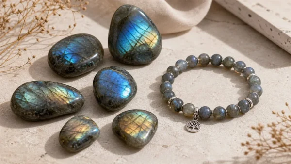 Pierres et bracelet en labradorite naturelle aux reflets bleus et dorés