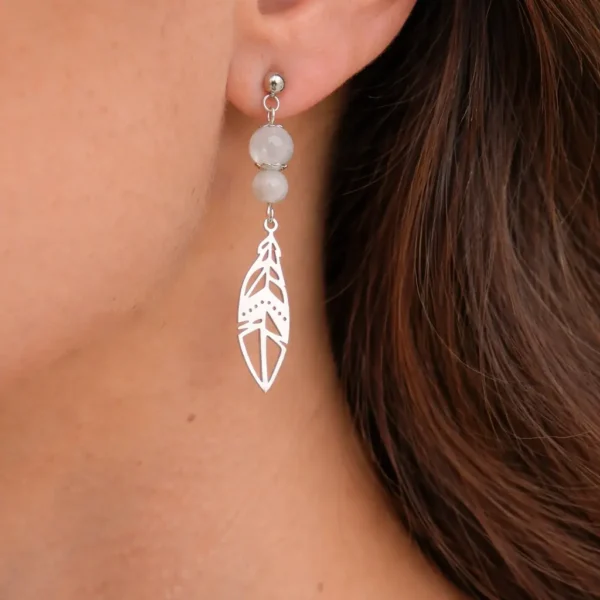Boucles d’oreilles en Péristérite naturelle avec breloque plume et crochet en acier inoxydable