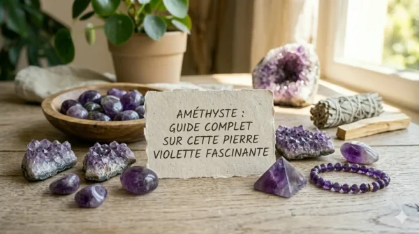Guide complet sur l'améthyste : pierres roulées, géodes et bracelet en améthyste violette sur une table en bois avec sauge et plante verte.