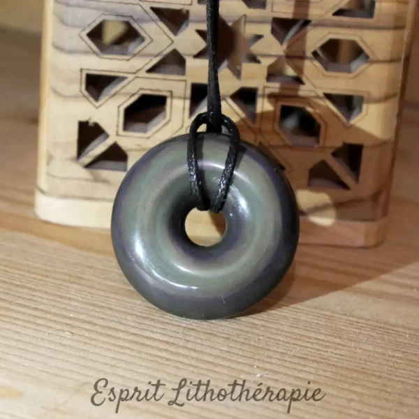 Pendentif Donut en Obsidienne Oeil Céleste naturelle monté sur cordon ou chaine avec taille au choix.