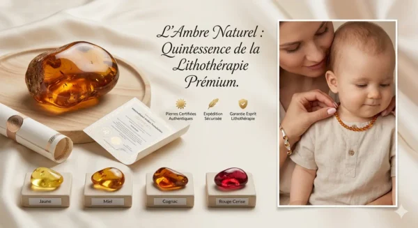 Sélection d'ambre naturel premium de la Baltique en plusieurs nuances (jaune, miel, cognac, rouge) et collier d'ambre pour bébé porté avec certificat d'authenticité.