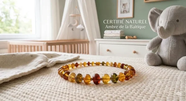Collier de dentition pour bébé en perles d'ambre naturel de la Baltique posé sur une couverture de berceau texturée dans une chambre d'enfant douce.