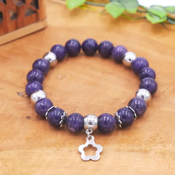 Bracelet en perles de lépidolite naturelle violette avec intercalaires en acier inoxydable