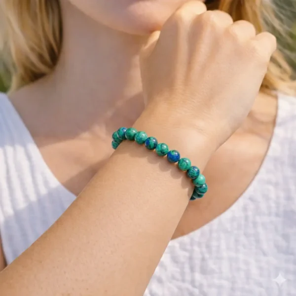 Bracelet en azurite malachite naturelle fait main sur fil élastique porté au poignet