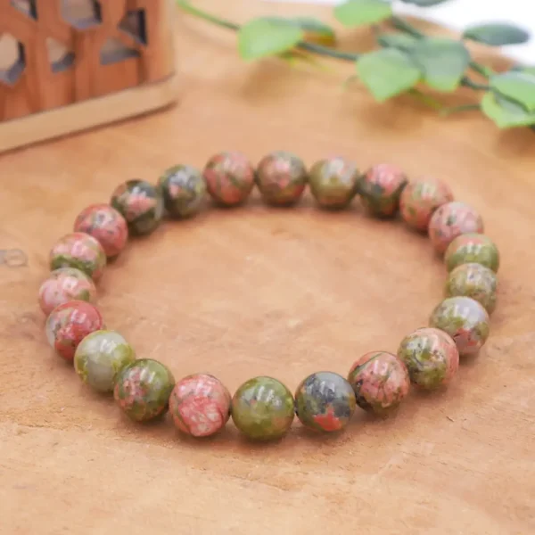 Bracelet en pierre naturelle d'Unakite de qualité supérieure, perles vertes et roses montées à la main sur fil élastique multibrin résistant.