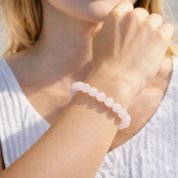 Bracelet en morganite véritable perles roses porté au poignet