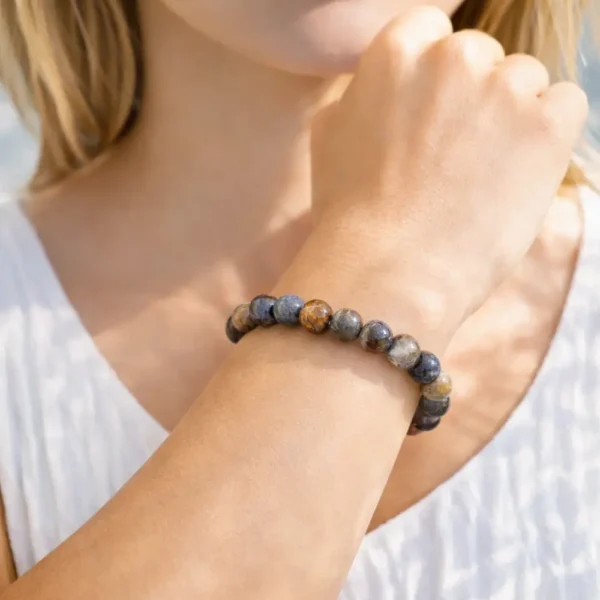 Bracelet en Piétersite véritable porté au poignet, révélant les chatoyances uniques de la pierre de tempête et la finesse du montage artisanal.