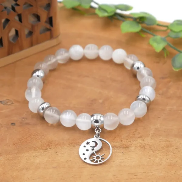 Bracelet en pierre de lune blanche naturelle et perles en acier inoxydable
