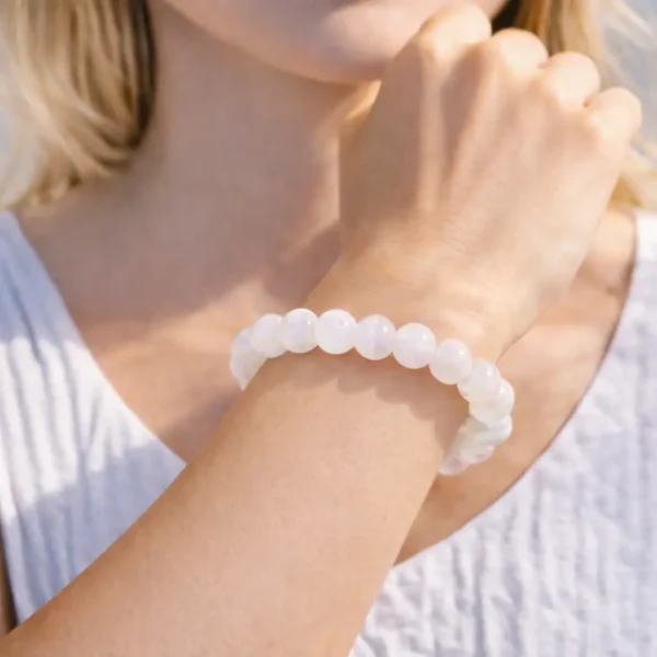 Bracelet en véritable pierre de lune blanche aux reflets blancs porté par un mannequin