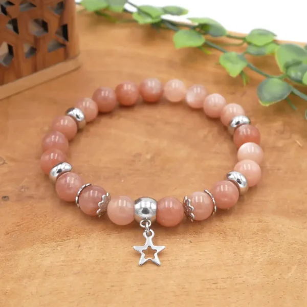 Bracelet en pierre de soleil pêche naturelle et acier inoxydable chirurgical