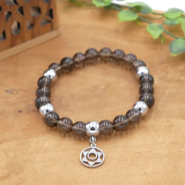 Bracelet en Quartz Fumé naturel translucide et perles en acier inoxydable