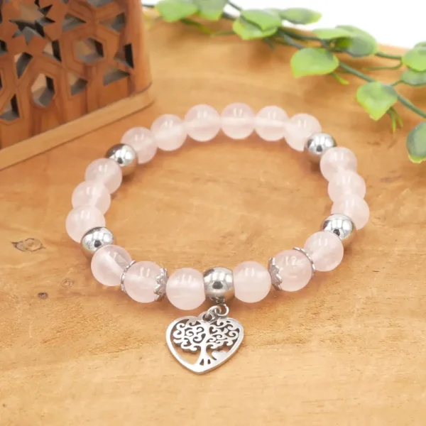 Bracelet en quartz rose naturel de qualité AA et perles en acier inoxydable