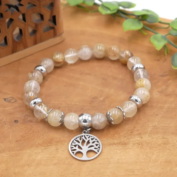 Bracelet en quartz rutile naturel avec fines aiguilles dorées et acier inoxydable