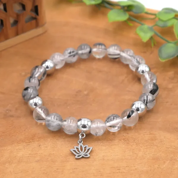 Bracelet en quartz tourmaliné naturel avec aiguilles de tourmaline noire et inox