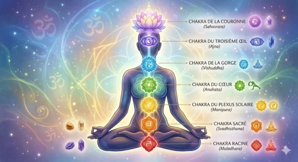 Infographie explicative des 7 chakras principaux sur une silhouette en méditation, indiquant les noms sanskrits, les couleurs et les cristaux associés pour la lithothérapie.