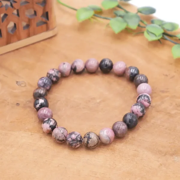 Bracelet en rhodonite naturelle fait main sur fil élastique