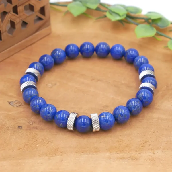 Bracelet homme en lapis-lazuli avec perles intercalaires en acier inoxydable