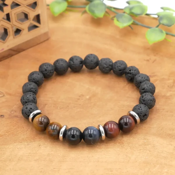 Bracelet protection homme en perles d'œil de tigre, œil de faucon, œil de taureau et pierre de lave noire