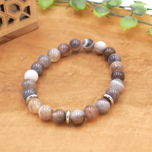 Bracelet masculin en perles d'agate du Botswana grises et intercalaires en acier inoxydable