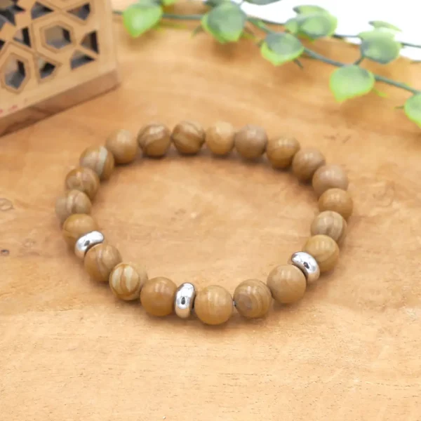 Bracelet masculin en perles de jaspe bois naturel marron et intercalaires en acier inoxydable