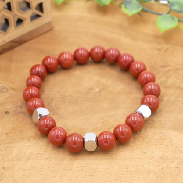 Bracelet masculin en perles de jaspe rouge naturel et intercalaires en acier inoxydable