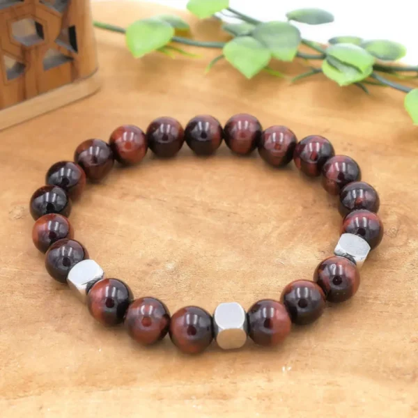 Bracelet homme en Œil de Taureau véritable avec perles intercalaires en acier inoxydable.