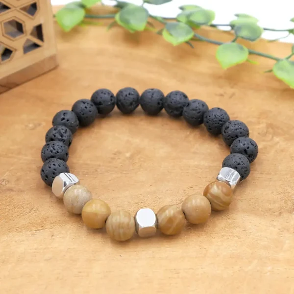Bracelet homme en pierre de lave noire mate et jaspe bois naturel avec perles acier inox