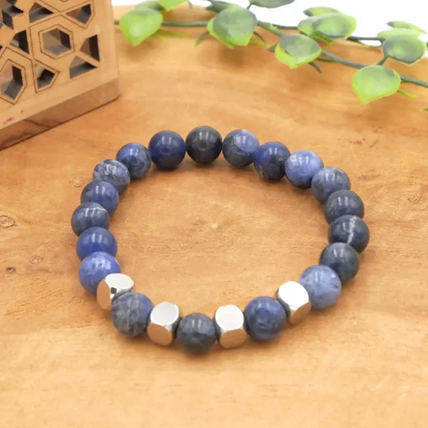 Bracelet pour homme en pierres naturelles de sodalite bleue et perles en acier inoxydable