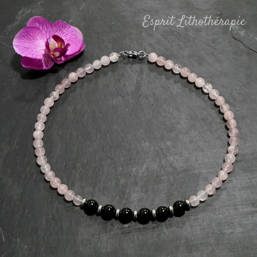 Bracelet femme tourmaline noire, quartz rose, strass – charmantissime