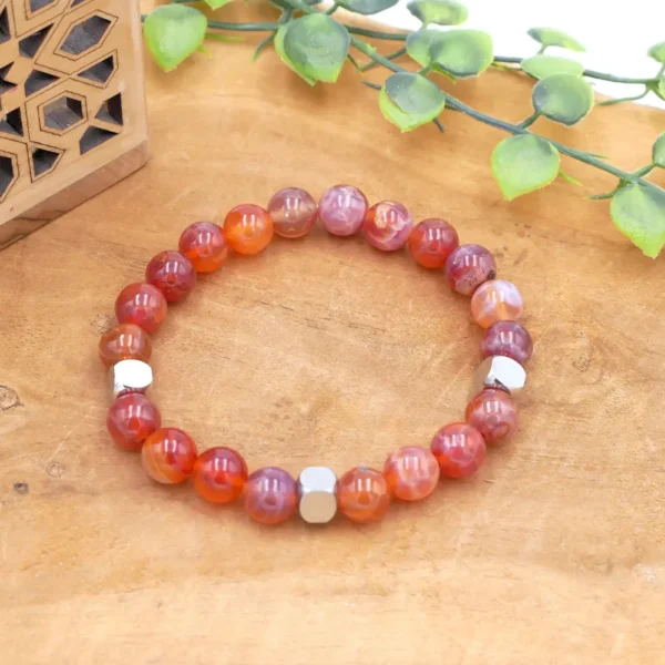 Bracelet en agate feu naturelle pour homme - Pierre de vitalité, ancrage et protection énergétique