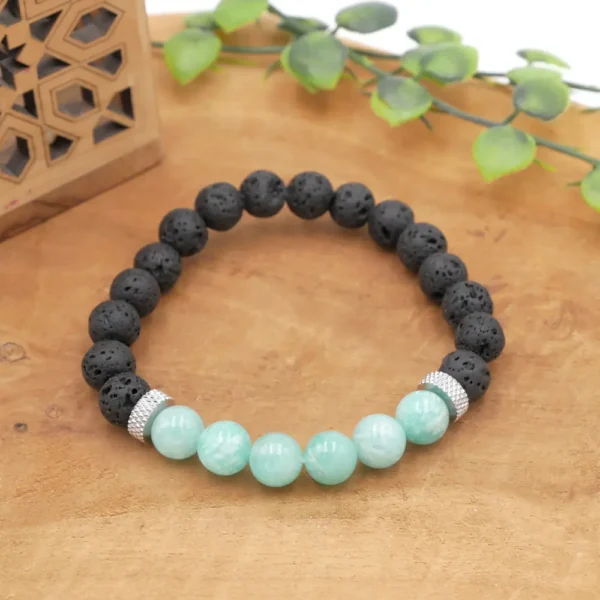 Bracelet homme en amazonite bleu turquoise et pierre de lave noire - Sérénité et force intérieure