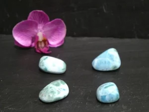 Pierres roulées en Larimar aux nuances de bleu, polies pour révéler leur brillance naturelle.