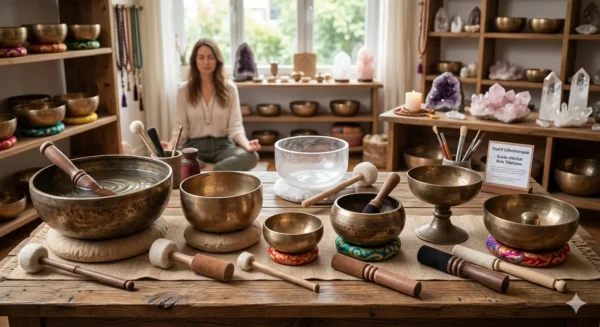 Large sélection de bols chantants tibétains en métal et cristal de différentes tailles avec maillets sur une table en bois, ambiance boutique de bien-être.